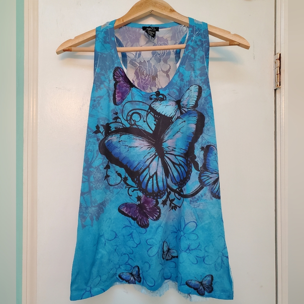 Rue21 Blue Lace-back Butterfly Tank Size L